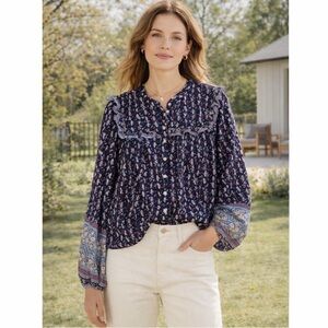 Joie Floral Cotton Peasant Blouse Navy Blue Size XL